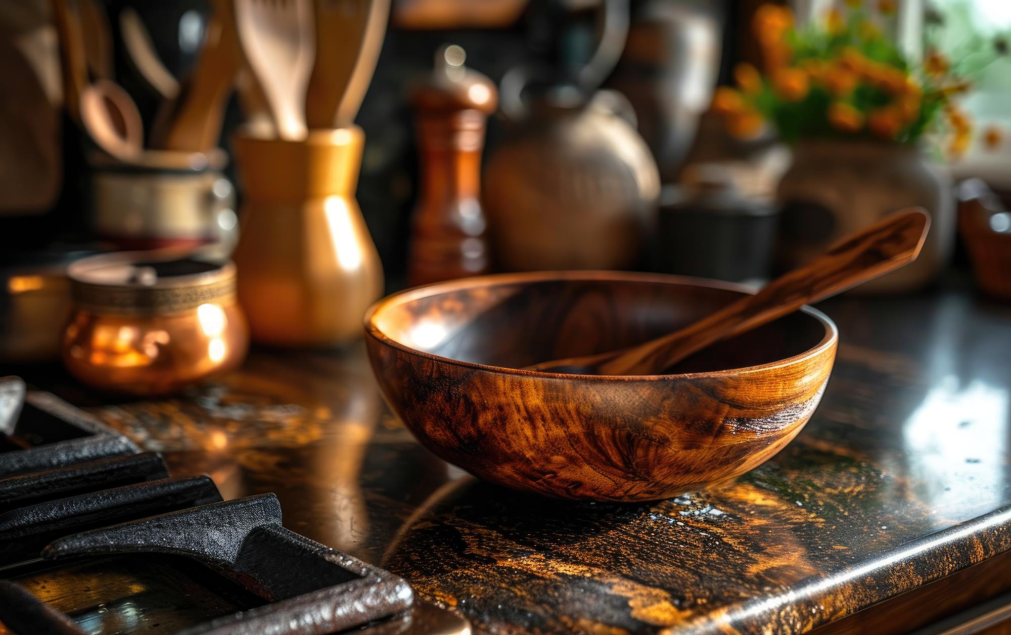 Cozy atelier corner with copper pans and wooden table
